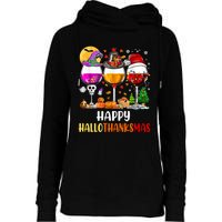 Happy Hallothanksmas Wine Glasses Wine Lover Long Sleeve Womens Funnel Neck Pullover Hood