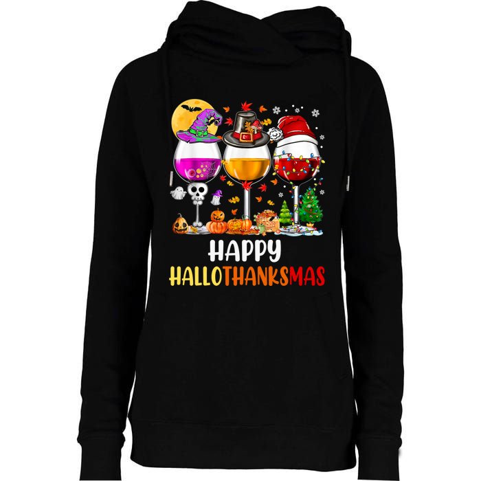 Happy Hallothanksmas Wine Glasses Wine Lover Long Sleeve Womens Funnel Neck Pullover Hood