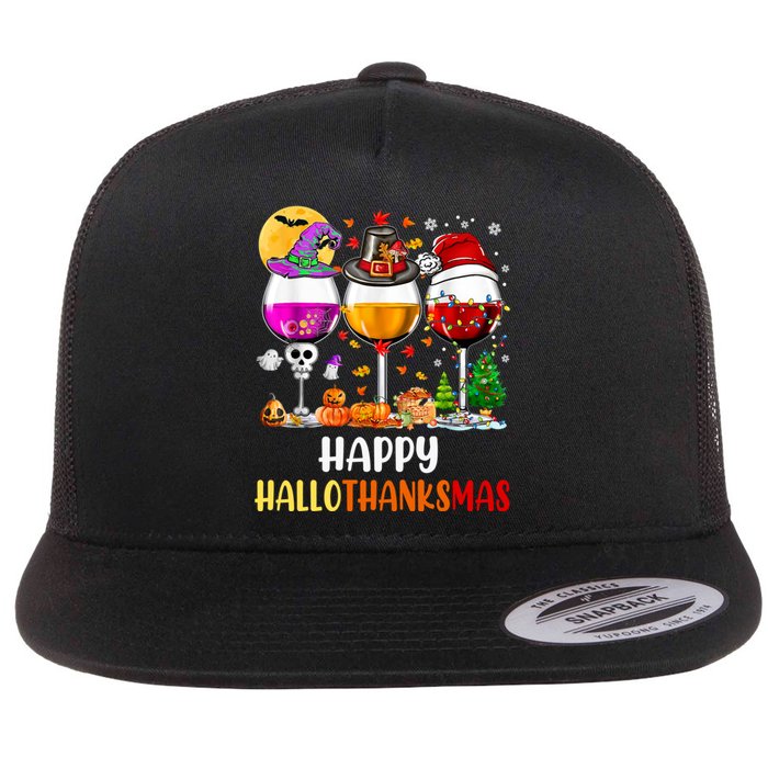 Happy Hallothanksmas Wine Glasses Wine Lover Long Sleeve Flat Bill Trucker Hat