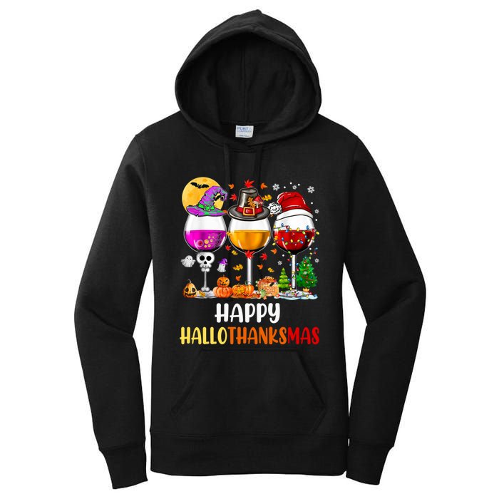 Happy Hallothanksmas Wine Glasses Wine Lover Long Sleeve Women's Pullover Hoodie