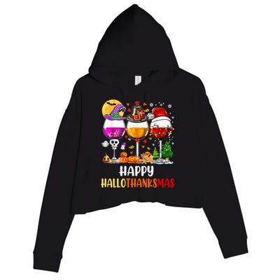 Happy Hallothanksmas Wine Glasses Wine Lover Long Sleeve Crop Fleece Hoodie