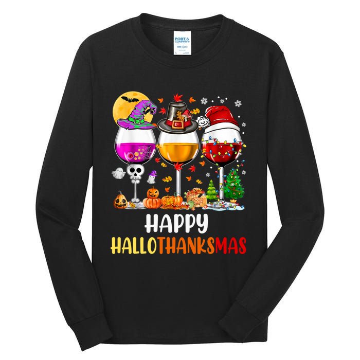 Happy Hallothanksmas Wine Glasses Wine Lover Long Sleeve Tall Long Sleeve T-Shirt