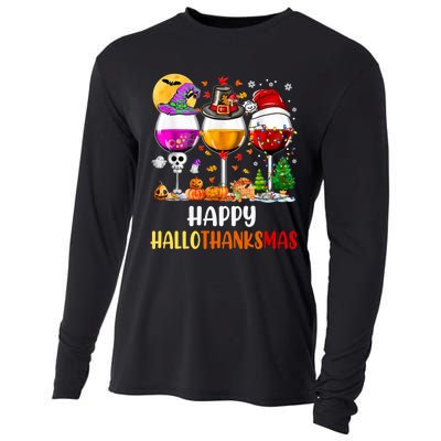 Happy Hallothanksmas Wine Glasses Wine Lover Long Sleeve Cooling Performance Long Sleeve Crew