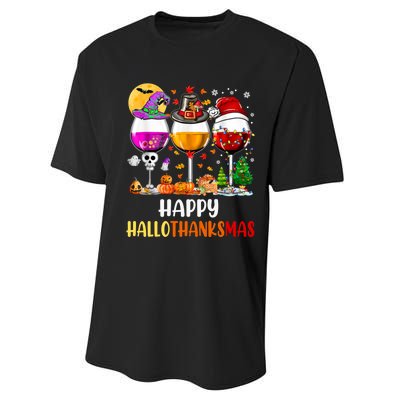 Happy Hallothanksmas Wine Glasses Wine Lover Long Sleeve Performance Sprint T-Shirt