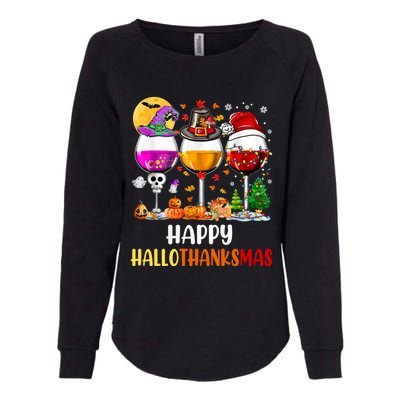 Happy Hallothanksmas Wine Glasses Wine Lover Long Sleeve Womens California Wash Sweatshirt