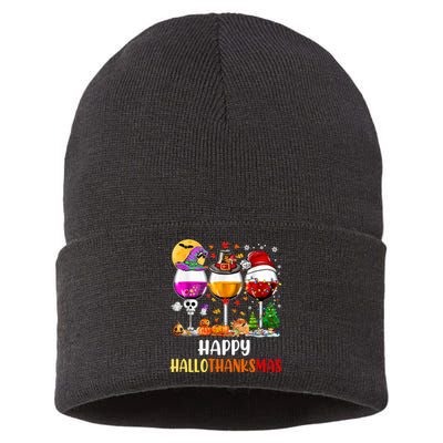 Happy Hallothanksmas Wine Glasses Wine Lover Long Sleeve Sustainable Knit Beanie