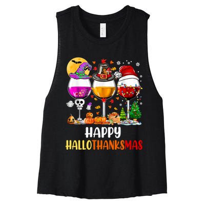 Happy Hallothanksmas Wine Glasses Wine Lover Long Sleeve Women's Racerback Cropped Tank