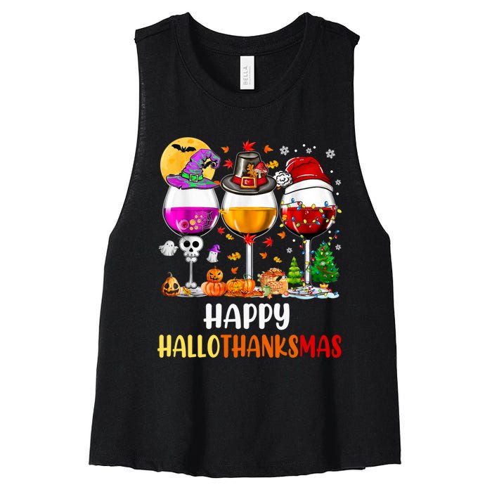 Happy Hallothanksmas Wine Glasses Wine Lover Long Sleeve Women's Racerback Cropped Tank