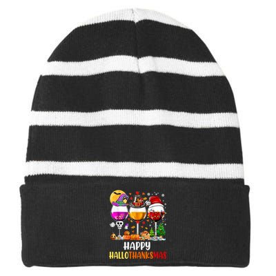 Happy Hallothanksmas Wine Glasses Wine Lover Long Sleeve Striped Beanie with Solid Band