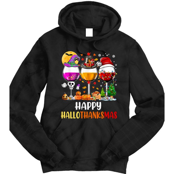 Happy Hallothanksmas Wine Glasses Wine Lover Long Sleeve Tie Dye Hoodie