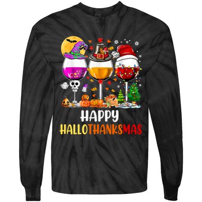 Happy Hallothanksmas Wine Glasses Wine Lover Long Sleeve Tie-Dye Long Sleeve Shirt