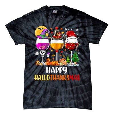 Happy Hallothanksmas Wine Glasses Wine Lover Long Sleeve Tie-Dye T-Shirt