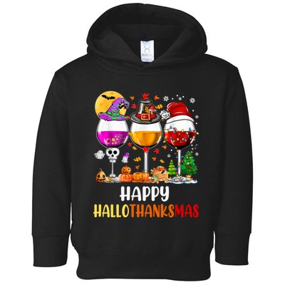 Happy Hallothanksmas Wine Glasses Wine Lover Long Sleeve Toddler Hoodie