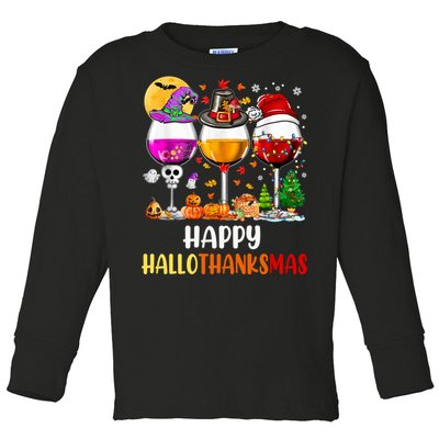 Happy Hallothanksmas Wine Glasses Wine Lover Long Sleeve Toddler Long Sleeve Shirt