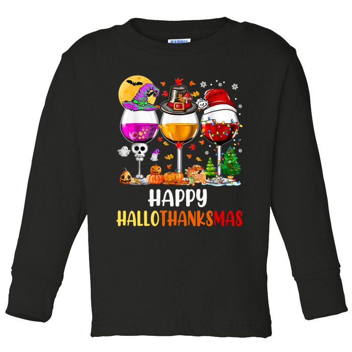 Happy Hallothanksmas Wine Glasses Wine Lover Long Sleeve Toddler Long Sleeve Shirt