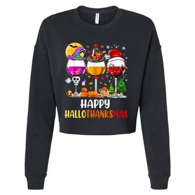 Happy Hallothanksmas Wine Glasses Wine Lover Long Sleeve Cropped Pullover Crew