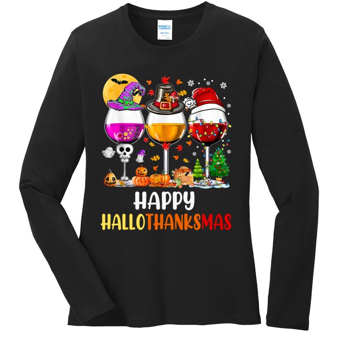 Happy Hallothanksmas Wine Glasses Wine Lover Long Sleeve Ladies Long Sleeve Shirt