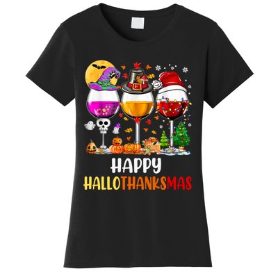 Happy Hallothanksmas Wine Glasses Wine Lover Long Sleeve Women's T-Shirt