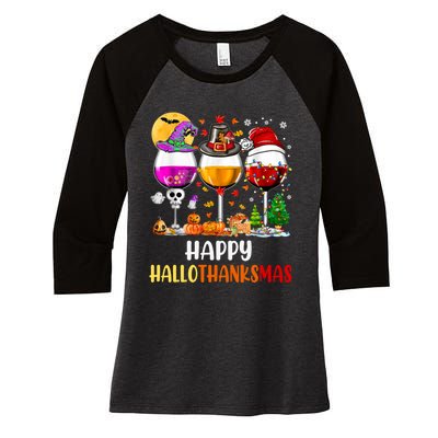 Happy Hallothanksmas Wine Glasses Wine Lover Long Sleeve Women's Tri-Blend 3/4-Sleeve Raglan Shirt