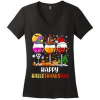 Happy Hallothanksmas Wine Glasses Wine Lover Long Sleeve Women's V-Neck T-Shirt