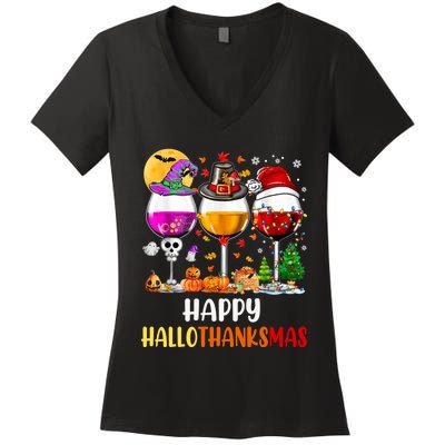 Happy Hallothanksmas Wine Glasses Wine Lover Long Sleeve Women's V-Neck T-Shirt