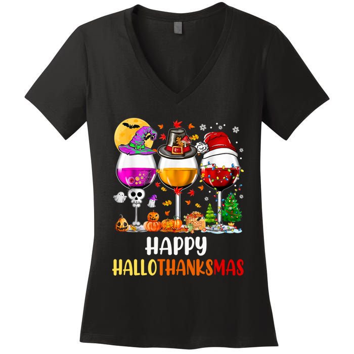 Happy Hallothanksmas Wine Glasses Wine Lover Long Sleeve Women's V-Neck T-Shirt