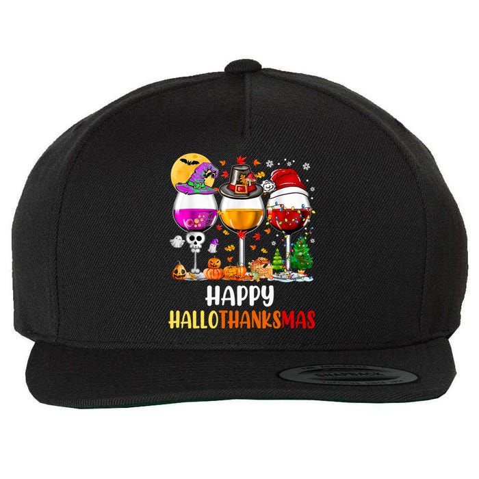 Happy Hallothanksmas Wine Glasses Wine Lover Long Sleeve Wool Snapback Cap