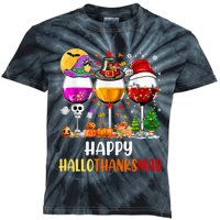 Happy Hallothanksmas Wine Glasses Wine Lover Long Sleeve Kids Tie-Dye T-Shirt