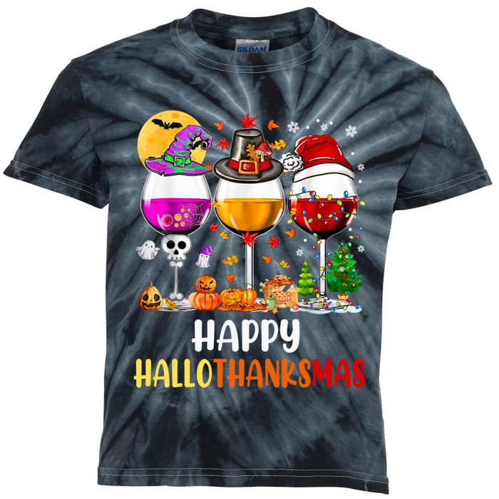 Happy Hallothanksmas Wine Glasses Wine Lover Long Sleeve Kids Tie-Dye T-Shirt