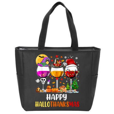 Happy Hallothanksmas Wine Glasses Wine Lover Long Sleeve Zip Tote Bag