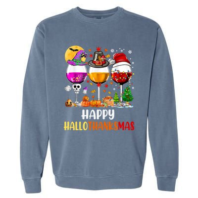 Happy Hallothanksmas Wine Glasses Wine Lover Long Sleeve Garment-Dyed Sweatshirt