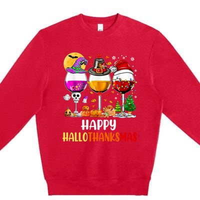 Happy Hallothanksmas Wine Glasses Wine Lover Long Sleeve Premium Crewneck Sweatshirt