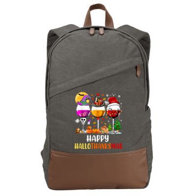 Happy Hallothanksmas Wine Glasses Wine Lover Long Sleeve Cotton Canvas Backpack