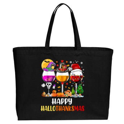 Happy Hallothanksmas Wine Glasses Wine Lover Long Sleeve Cotton Canvas Jumbo Tote