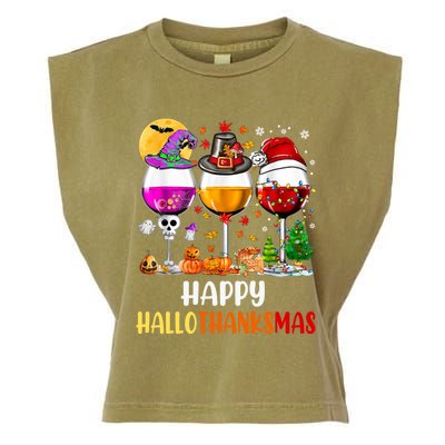 Happy Hallothanksmas Wine Glasses Wine Lover Long Sleeve Garment-Dyed Women's Muscle Tee