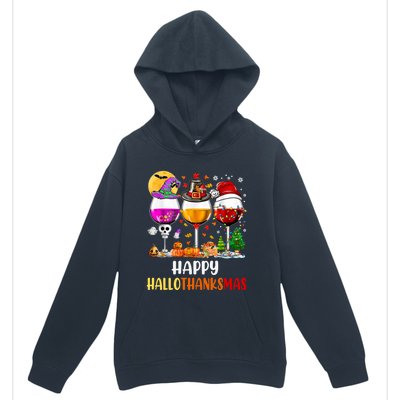 Happy Hallothanksmas Wine Glasses Wine Lover Long Sleeve Urban Pullover Hoodie