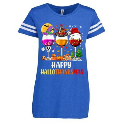 Happy Hallothanksmas Wine Glasses Wine Lover Long Sleeve Enza Ladies Jersey Football T-Shirt