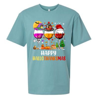 Happy Hallothanksmas Wine Glasses Wine Lover Long Sleeve Sueded Cloud Jersey T-Shirt