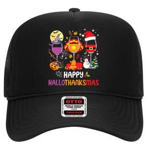 Happy Hallothanksmas Wine Glasses Halloween Thanksgiving High Crown Mesh Back Trucker Hat