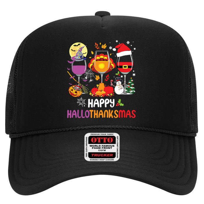 Happy Hallothanksmas Wine Glasses Halloween Thanksgiving High Crown Mesh Back Trucker Hat