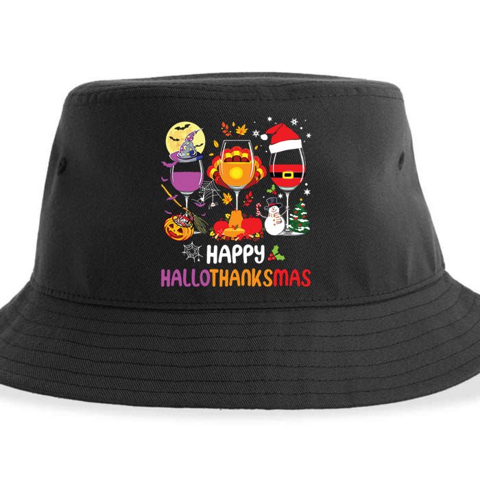 Happy Hallothanksmas Wine Glasses Halloween Thanksgiving Sustainable Bucket Hat