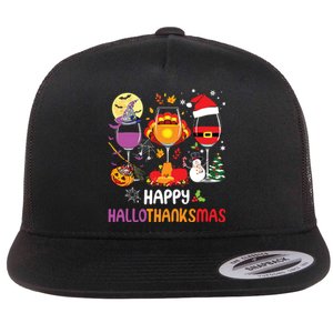 Happy Hallothanksmas Wine Glasses Halloween Thanksgiving Flat Bill Trucker Hat