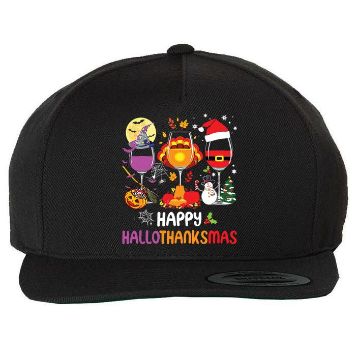 Happy Hallothanksmas Wine Glasses Halloween Thanksgiving Wool Snapback Cap