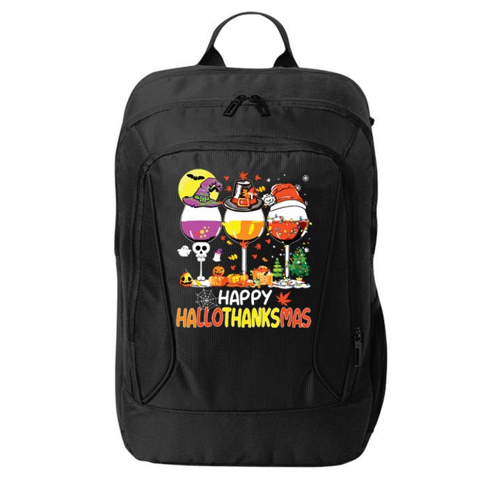 Happy Hallothanksmas Wine Glasses Witch Santa Hat Pumpkin City Backpack