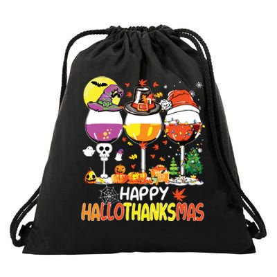 Happy Hallothanksmas Wine Glasses Witch Santa Hat Pumpkin Drawstring Bag