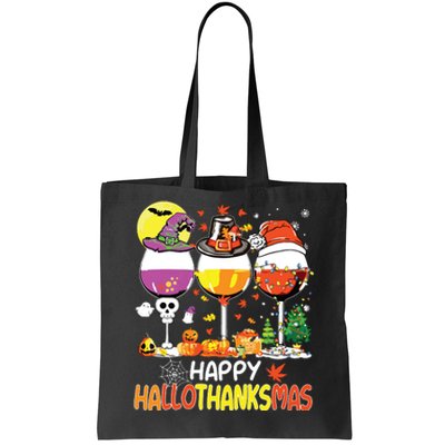 Happy Hallothanksmas Wine Glasses Witch Santa Hat Pumpkin Tote Bag