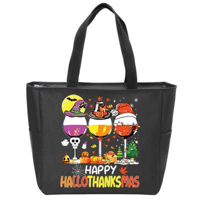 Happy Hallothanksmas Wine Glasses Witch Santa Hat Pumpkin Zip Tote Bag