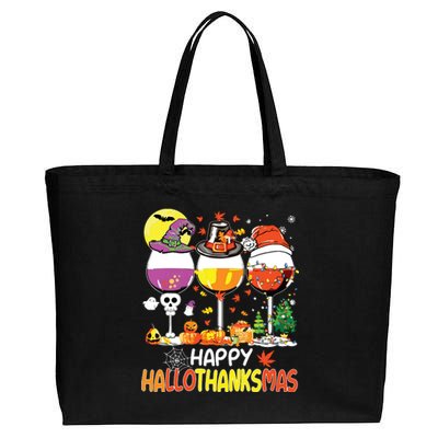 Happy Hallothanksmas Wine Glasses Witch Santa Hat Pumpkin Cotton Canvas Jumbo Tote