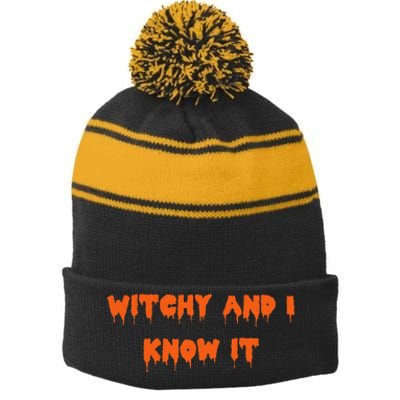 Happy Halloween Witchy And I Know It Spooky Costume Stripe Pom Pom Beanie