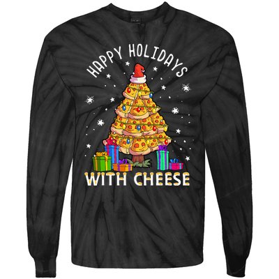 Happy Holidays With Cheese Pizza Christmas Tree Tie-Dye Long Sleeve Shirt